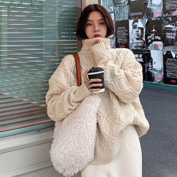 

2021 high-necked woman's heavyset jumper slack leisure lazy temperament torsion new winter's 6qa4, White;black