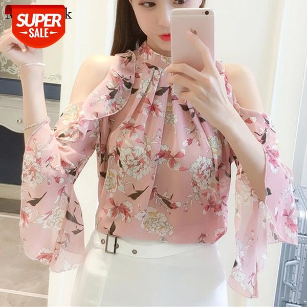 

2021 autumn new butterfly sleeve chiffon blouse women loose floral casual shirts women pullover off shoulder womans 9374 50 #3j0f, White