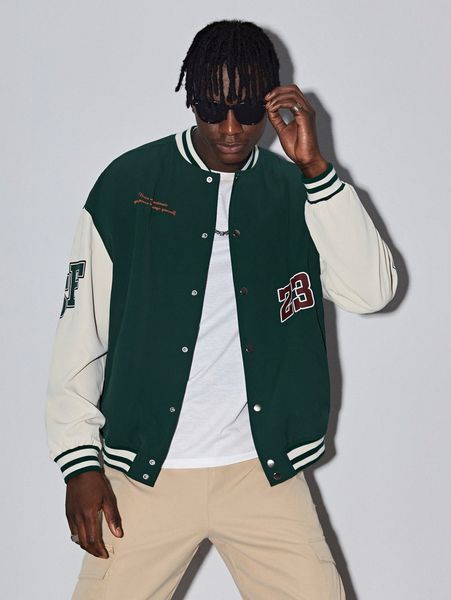 

men slogan graphic colorblock drop shoulder bomber jacket s9kr#, Black;brown