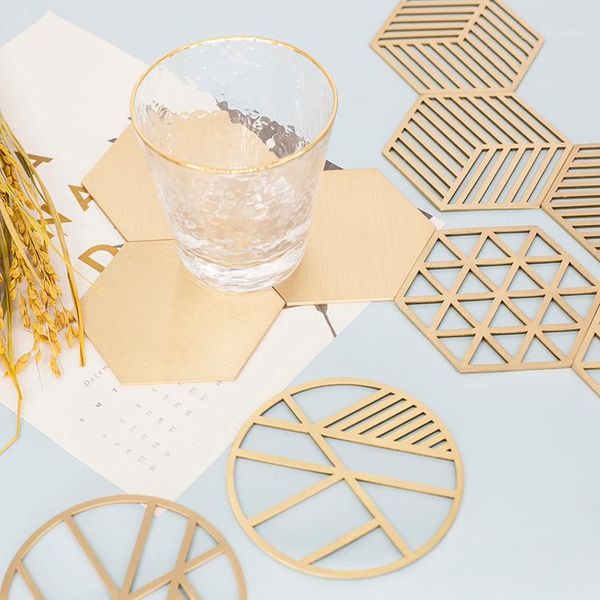 

mats & pads nordic style brass simple golden wine hexagonal/round coffee cup mat ins tabledecoration metal1