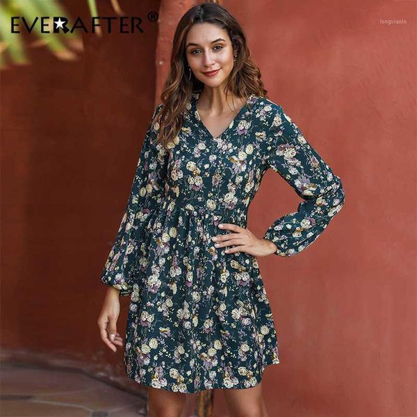 

everafter floral print spring dress women v-neck high waist long sleeve ruffles dress streetwear holiday beach mini dresses1, Black;gray