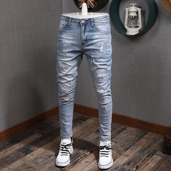 

2021 new fashion streetwear light blue slim fit elastic ripped men denim pencil pants destroyed hip hop jeans homme wtpc