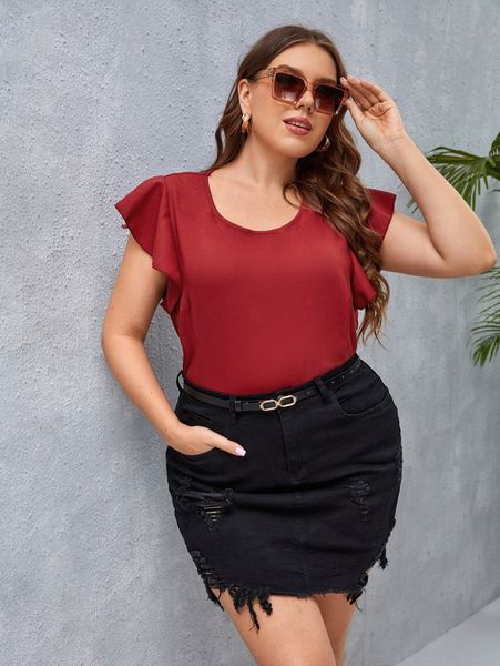 

plus keyhole back butterfly sleeve blouse v4e2#, Black