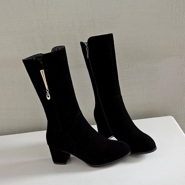 

boots nasbavi autumn and winter fashion suede leather plush lining round toe women's side zipper mid-calf high heels, Black