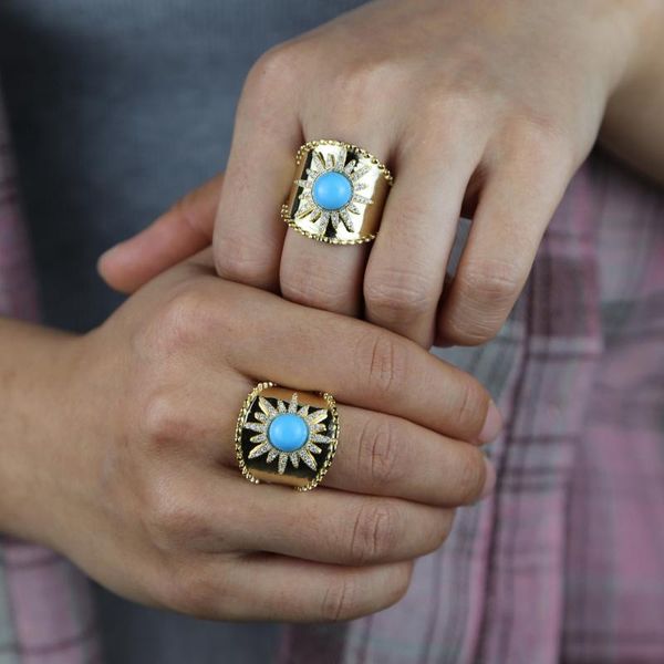 

summer new design micro paved cz starburst star signet vintage women lady engagement wide band turquoises finger ring jewelry, Slivery;golden