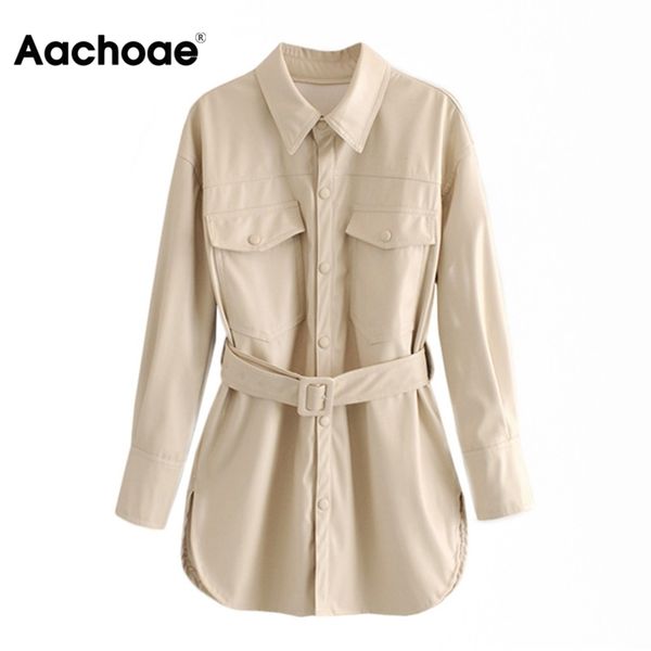 

aachoae women solid pu leather jacket pockets sashes decorate coat female turn down collar ladies outerwear chaqueta mujer, Tan;black