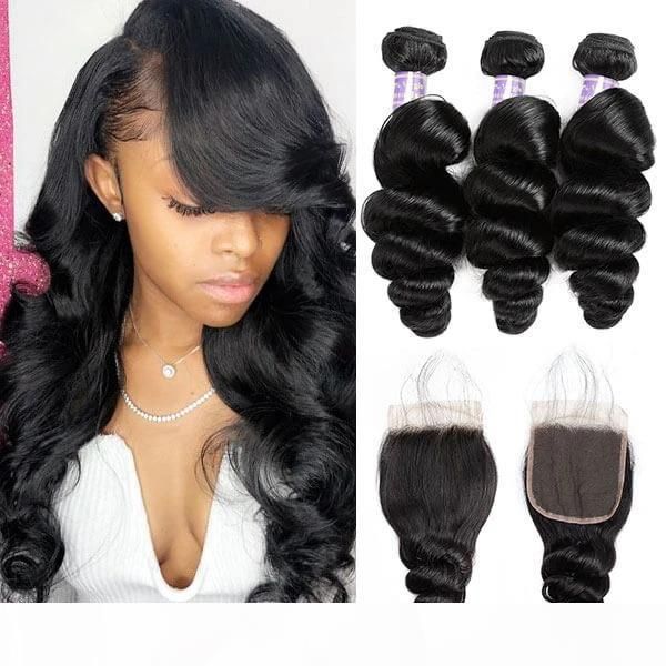 

28" curly body virgin hair extensions loose deep 3 4pcs with lace 4*4 closure straight water human hair bundles with closure, Black