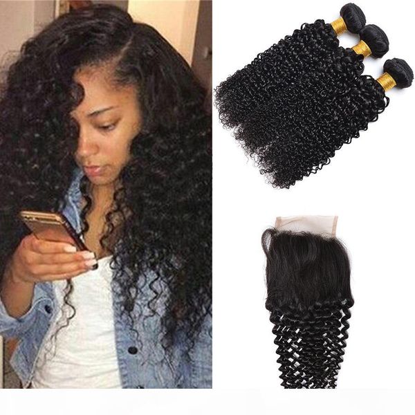 

7a mongolian deep wave curly 3 bundles with lace closure unprocessed mongolian kinky curly wave human hair extension with lace closure, Black;brown