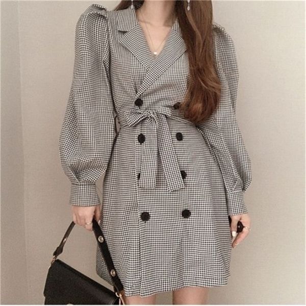 

2021 new 2021 early spring new retro double-breasted plaid lapel dress 1eqm, Black;gray