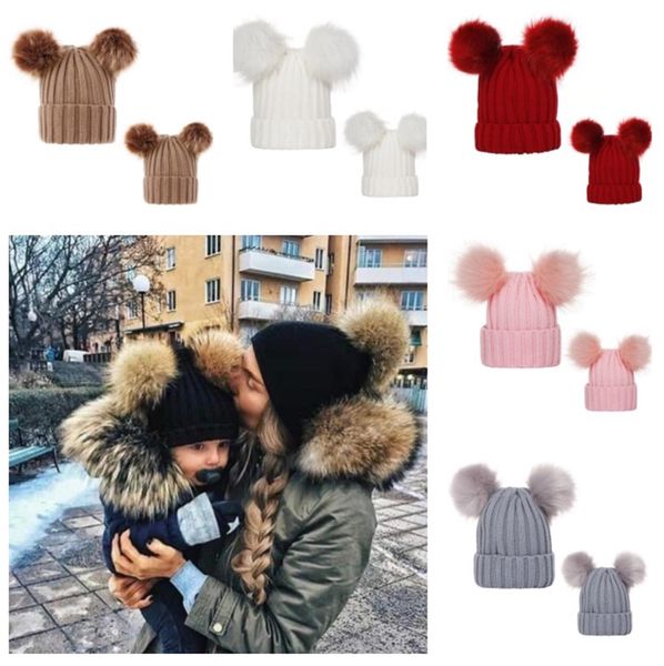 

0-3t baby kids crochet beanies womens winter hat skull caps mom girls matching ribbed knit tuque knit headwear with 2 big ball poms e101904, Yellow