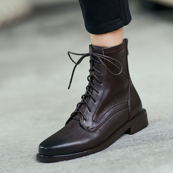 

2020 leather black brown riding genuine lace boots autumn women's winter shoes size 34-40 5tc2