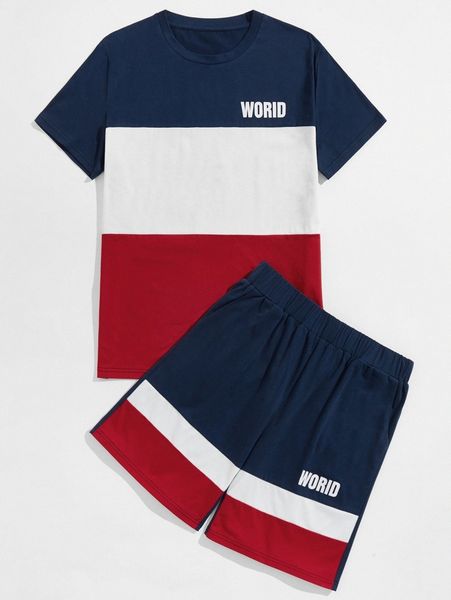 

men color-block letter graphic tee & track shorts h9qt#, Gray