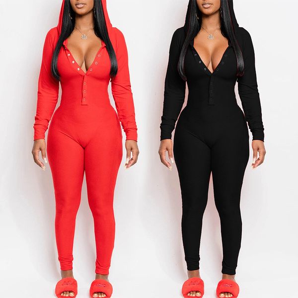 

new soild color womens romper with button casual hooded skinny jumpsuits 2021 designer womens clothing, Black;white