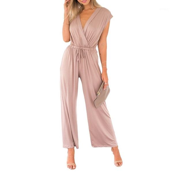 

women's jumpsuits solid color v neck sleeveless jumpsuits1, Black;white