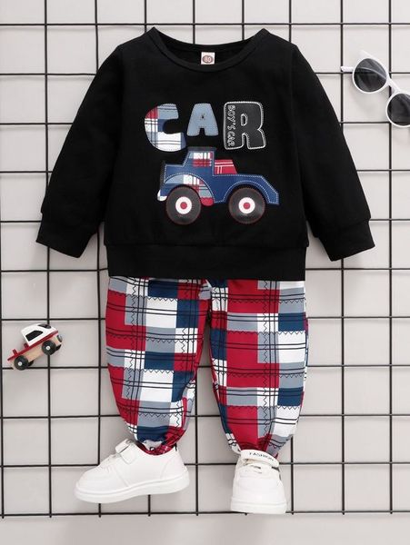 

baby car and letter graphic pullover & plaid sweatpants she, White
