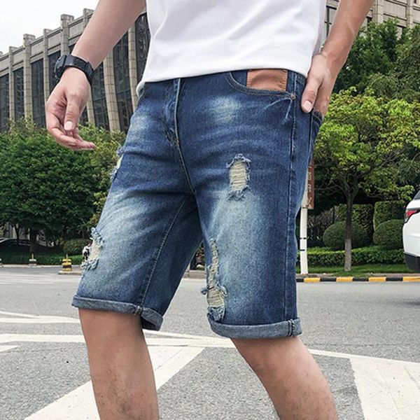 

men's jeans five-point casual pants shorts denim men summer trend korean straight slim thin section, Blue