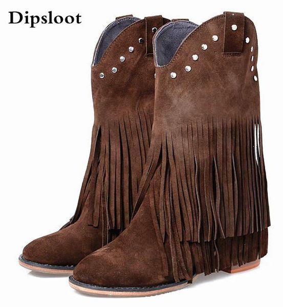

boots winter women blue brown gray genuine leather 6 cm heels round toe rivets tassels fringed mid-calf short, Black