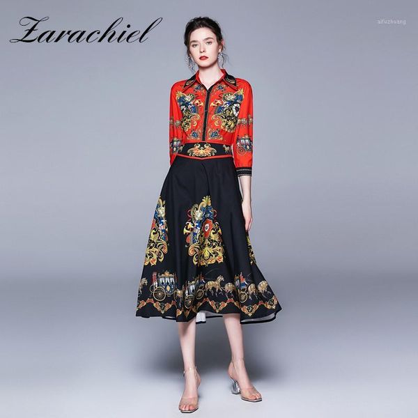 

luxury designer vintage carriage print red and black contrast color shirt dress women elegant lapel collar autumn mid long dress1, Black;gray