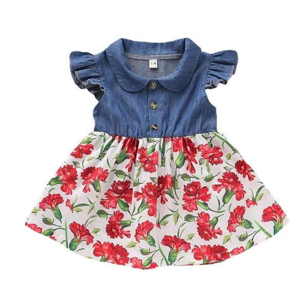 

girl's dresses summer baby girl flower print flare sleeve denim casual patchwork, Red;yellow
