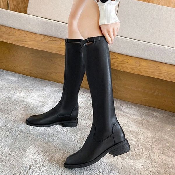 

rimocy pu leather winter boots women fashion buckle square heels knee high long boots woman waterproof shoes female #0u02, Black