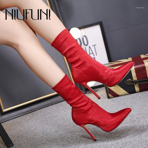 

boots niufuni 2021 autumn ankle sock thin high heels elastic women pointed toe shoes party ladies comfort1, Black