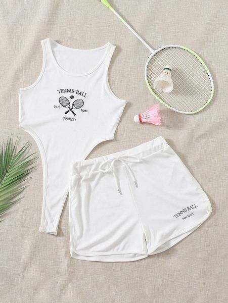 

letter graphic tank bodysuit with shorts t0as#, White