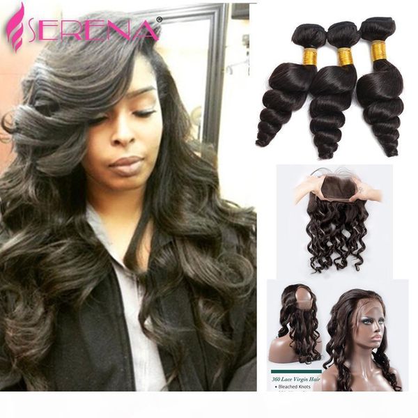

7a brazilian loose wave curly 360 full frontal lace band closure from ear to ear with 3pcs unprocessed human hair bundles 4pcs lot, Black;brown