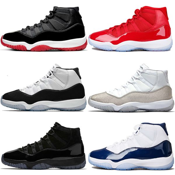 

basketball men women jumpman shoes 11 11s trainers white bred concord unc cap and gown metallic silver sports sneakers size 5.5-13, Black