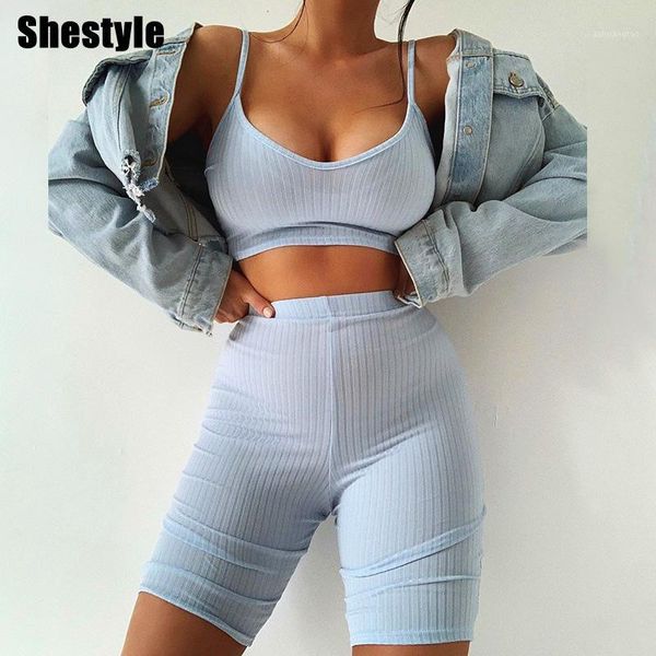

shestyle rib-knit solid casual tracksuit women bodycon camis high waist shorts 2 pieces sets fitted sporting clothes1, White