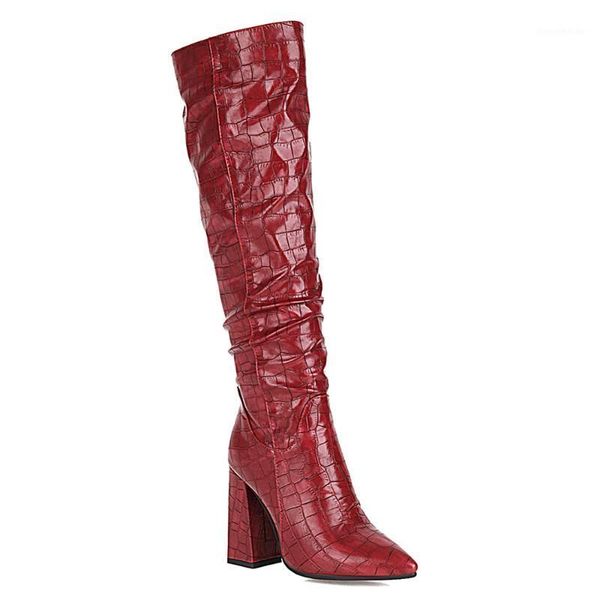 

boots stone pattern super high thick heel pointed toe knee-length street trend check set foot simple long tube shoes1, Black