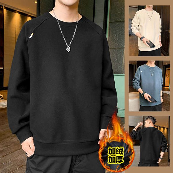 

double faced cashmere sweater for men's fashion ins autumn winter style plush and bulky loose coat round neck long sleeve t-shirt, Black