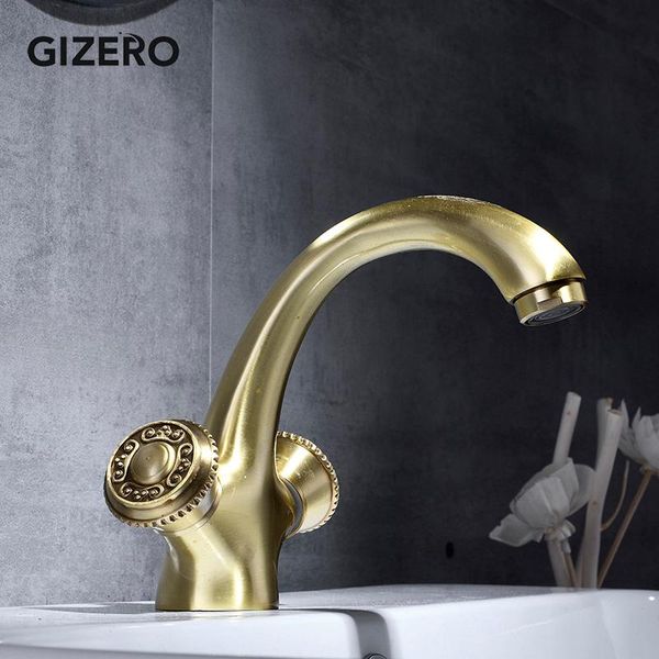 

swan faucet gold brush bathroom washbasin faucet and cold dual carving handle basin sink mixer taps polished zr
