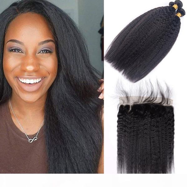 

malaysian human hair 3 bundles with 13x4 lace frontal part ear to ear pre plucked kinky straight 8-28inch wefts with frontal, Black;brown