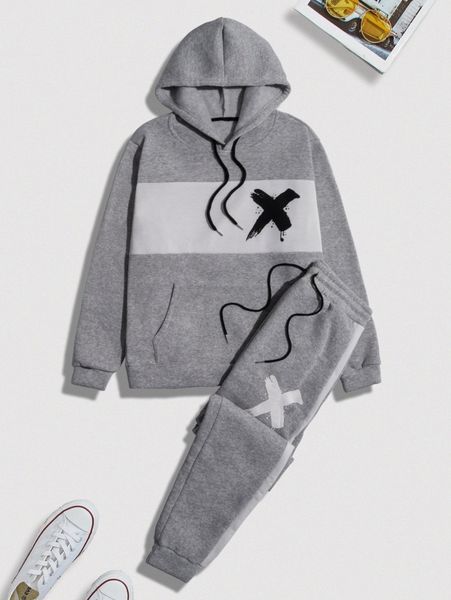 

men colorblock brush print hoodie with joggers e8af#, Gray