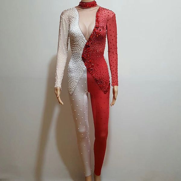 

jazz new ds jumpsuit stage costumes bar dj dancer female rhinestone bodysuit jazz costumes performance dance outfit dj389, Black;red