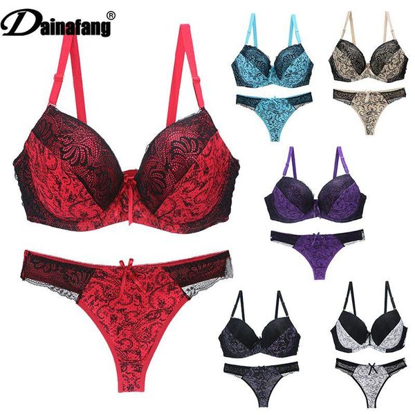 

bras sets dainafan bar set push up lingerie women big size health lace underwire bra & female convertible straps underwear, Red;black