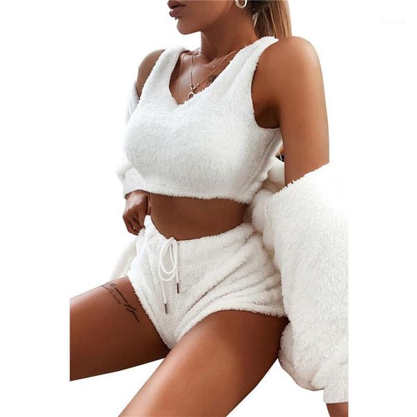 

women three piece suit home lace up shorts cardigan loose coat plush set autumn winter clothing set soft woman clothes homewear1, Gray