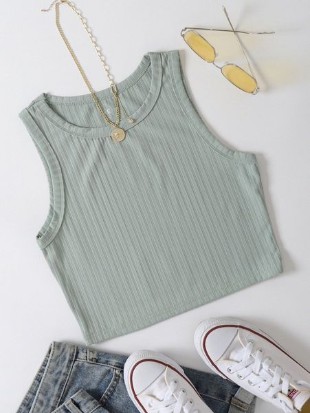 

solid rib knit tank 001d#, White