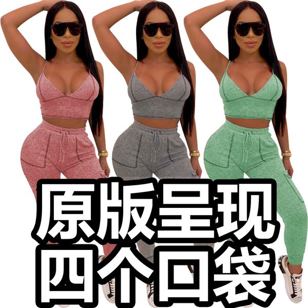 

women gray casual two pieces set elastic high waist drawstring pants + strap v-neck crop outfit fitness tracksuits