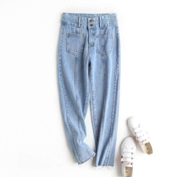 

m6088 - korean version women's 2020 spring and autumn new high waist two button three-dimensional line lace jeans for women, Blue