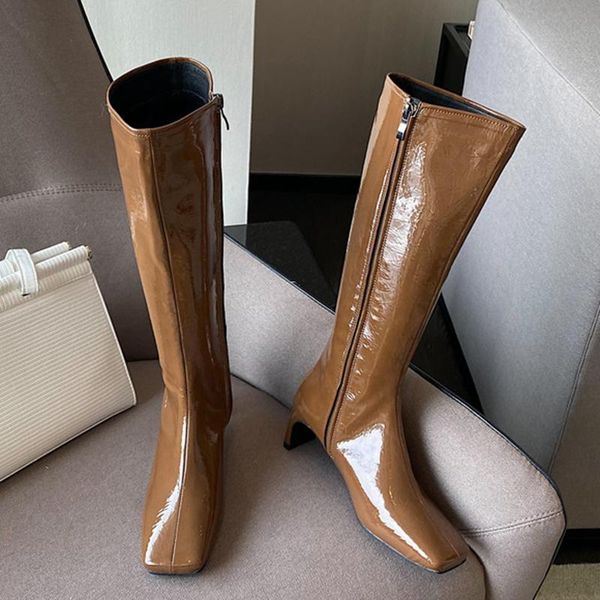 

2020 ins fashion women black block high heels thigh high boots winter knee boots patent leather long designer shoes