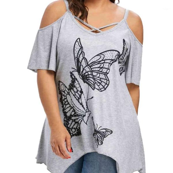 

european style plus size t shirt summer large size women butterfly printing t shirt big short sleeve 1, White