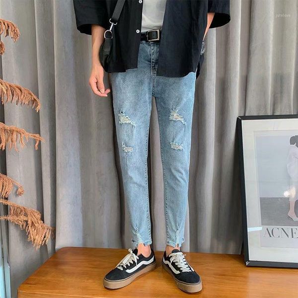 

wholesale 2019 washing stretch men' jeans hombre summer autumn thin streetwear slim distressed ripped hole teenagers feet pants1, Blue