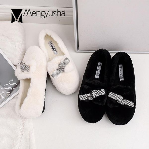 

crystal fur loafers women winter bow-tie slip on moccasins warm round toe flats creepers plush comfort furry cotton shoes women, Black