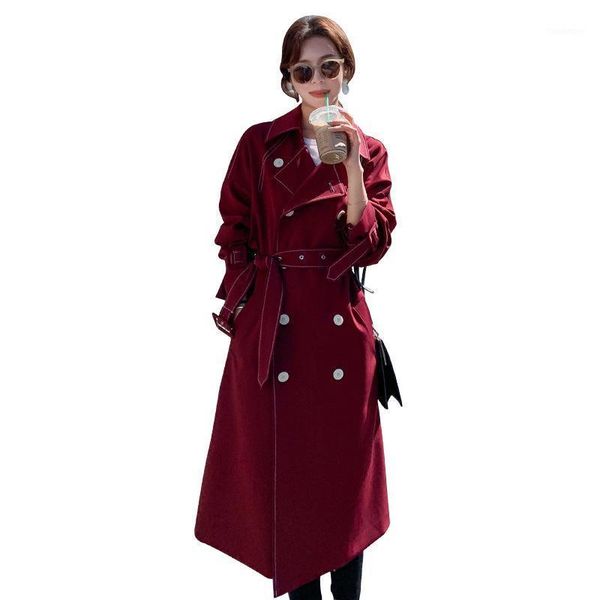 

classic fashion double breasted trench coat for women spring autumn long leisure chic ladies windbreaker outerwear with belt 4561, Tan;black