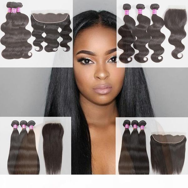 

brazilian peruvian raw virgin hair extensions body wave 3 bundles with 13x4 frontal closure and 4x4 remy human hair weaves lace closure, Black