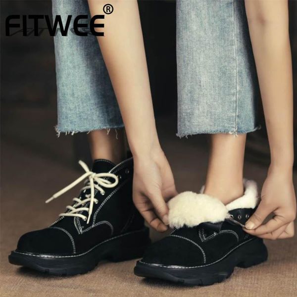 

fitwee women boots real leather warm plush fur winter shoes woman ankle snow boots fashion lace up boot women size 34-42, Black