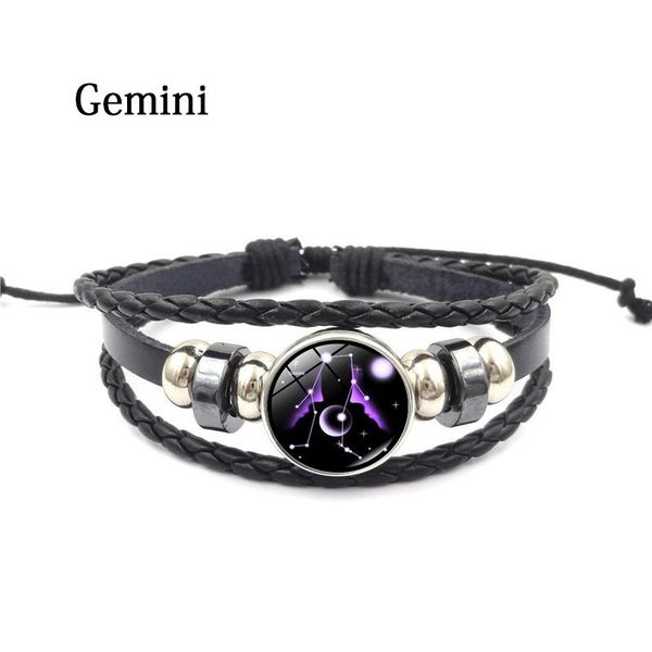 

zodiac glass metal buckle charm fashion constellation jewelry black weave multilayer leather bracelet, Golden;silver