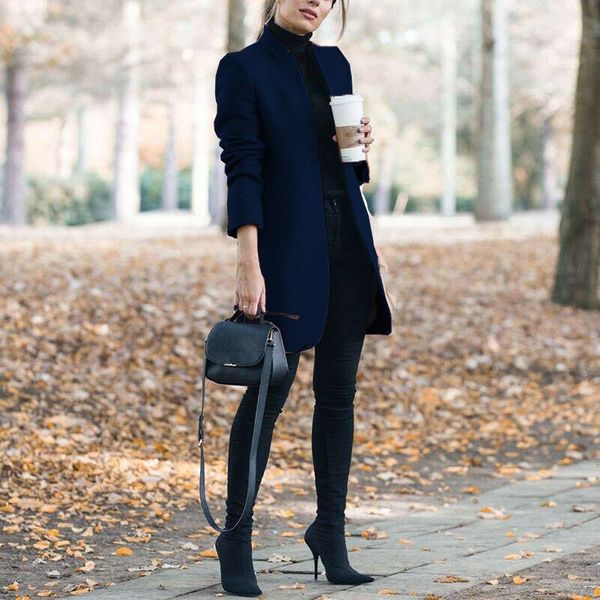 

women's wool & blends korean casual retro wide and buttonless ladies mid-length coat, winter warm long-sleeved v-neck female woolen wom, Black