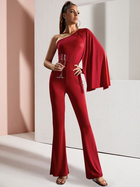 

sbetro draped one shoulder flare leg jumpsuit 26bq#, White
